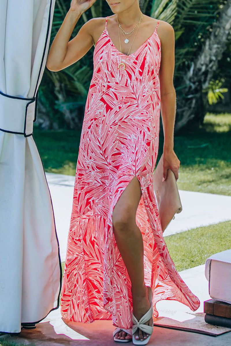 Fashion Vacation Print Slit V Neck Princess Dresses