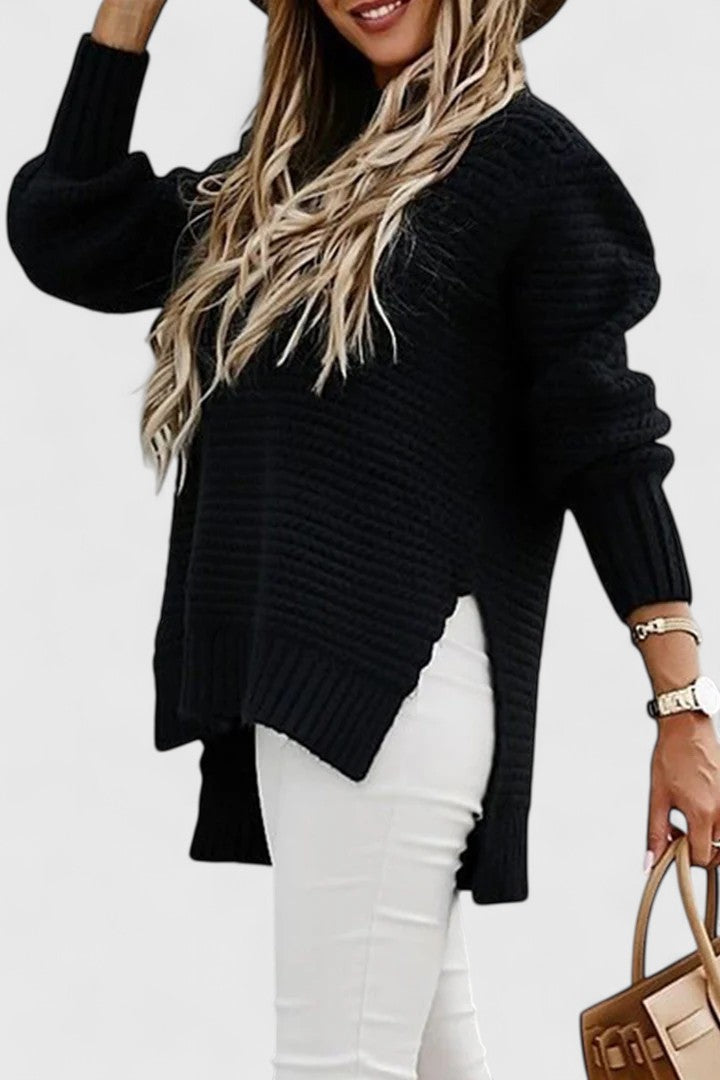 Mock Neck Chunky Knit Drop Shoulder Side Slit Sweater