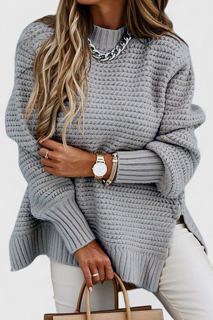 Mock Neck Chunky Knit Drop Shoulder Side Slit Sweater