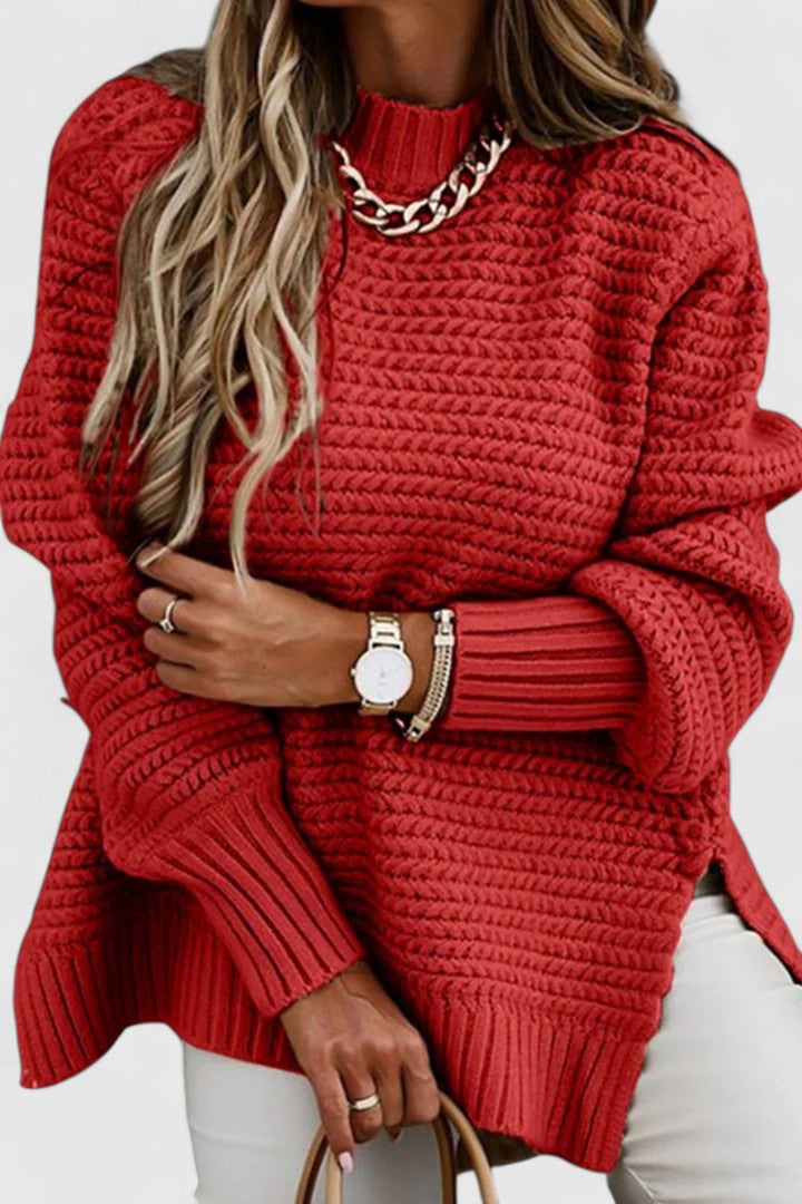 Mock Neck Chunky Knit Drop Shoulder Side Slit Sweater
