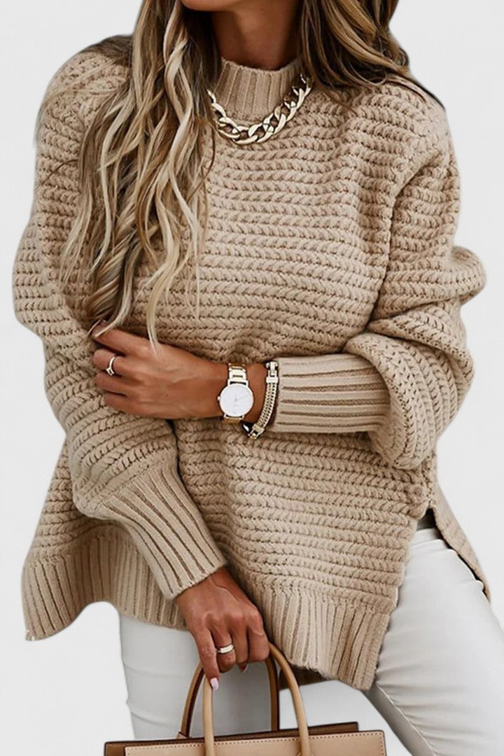 Mock Neck Chunky Knit Drop Shoulder Side Slit Sweater