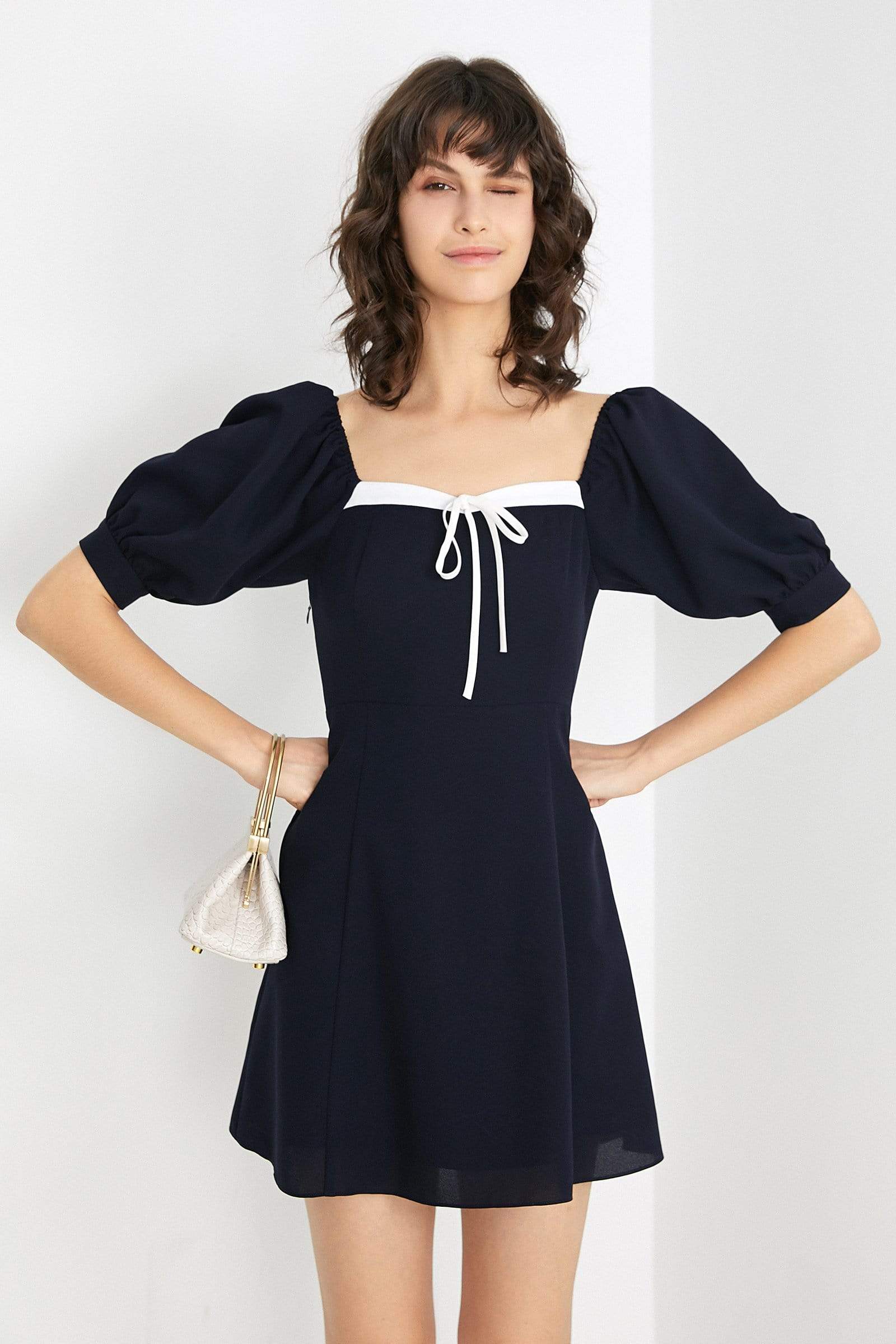 Draping Neckline Navy Mini Dress