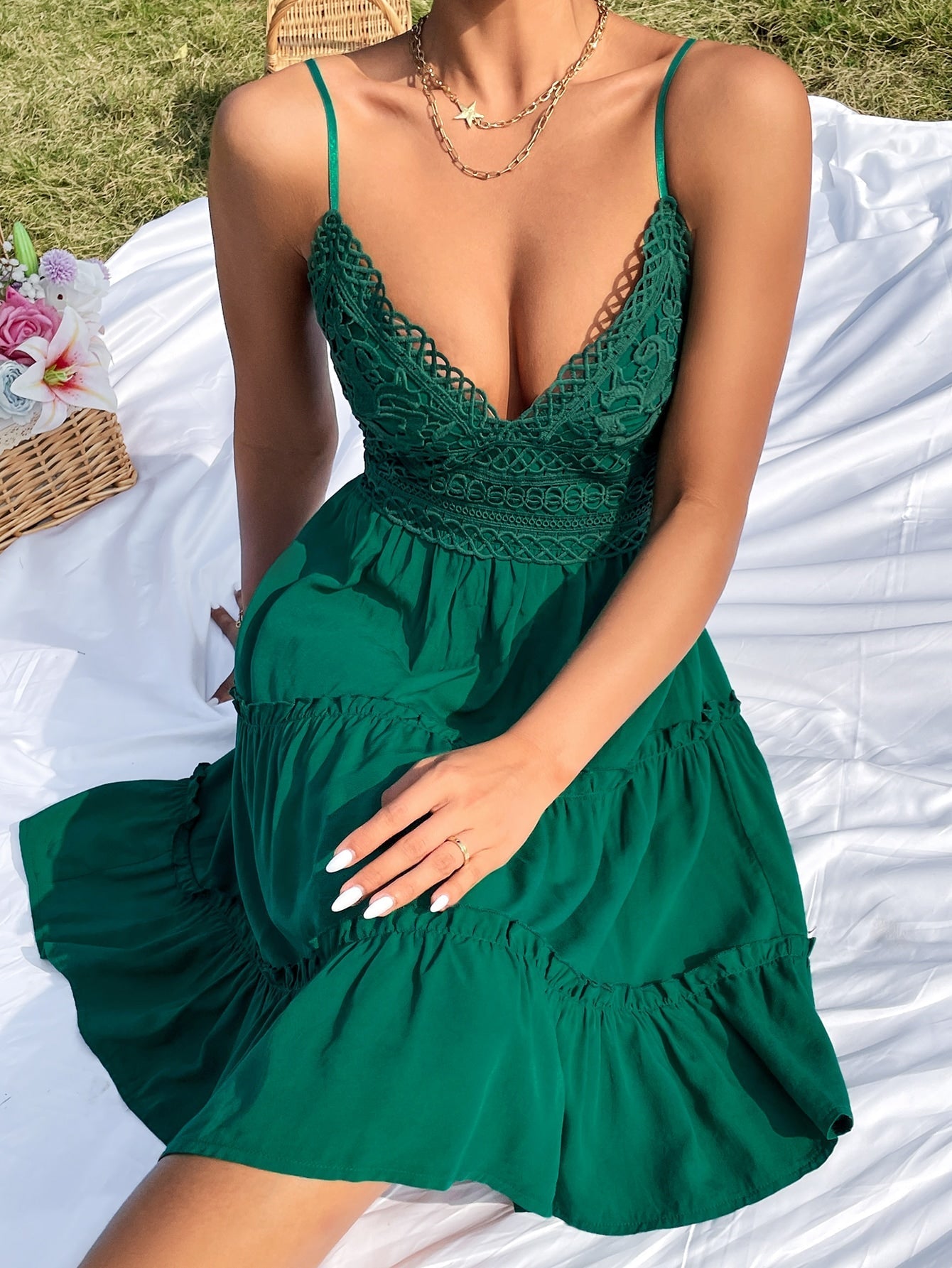 Guipure Lace Insert Layered Hem Tie Back Cami Dress