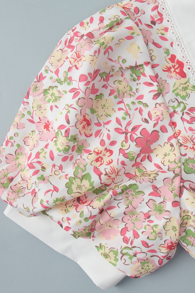 Pink Peter Pan Collar Puff Sleeve Button Front Pleated Ruffle Hem Floral Print Mini Dress 7