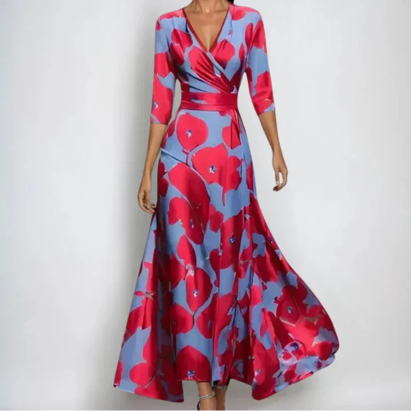 V-Neck Floral Print Three Quarter Sleeve Belted A-Line Maxi Dress