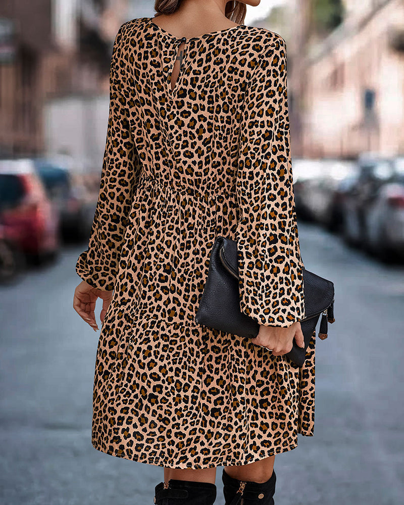 Flavia Chic Long Sleeve Loose Leopard Print Dress Boutique Collection