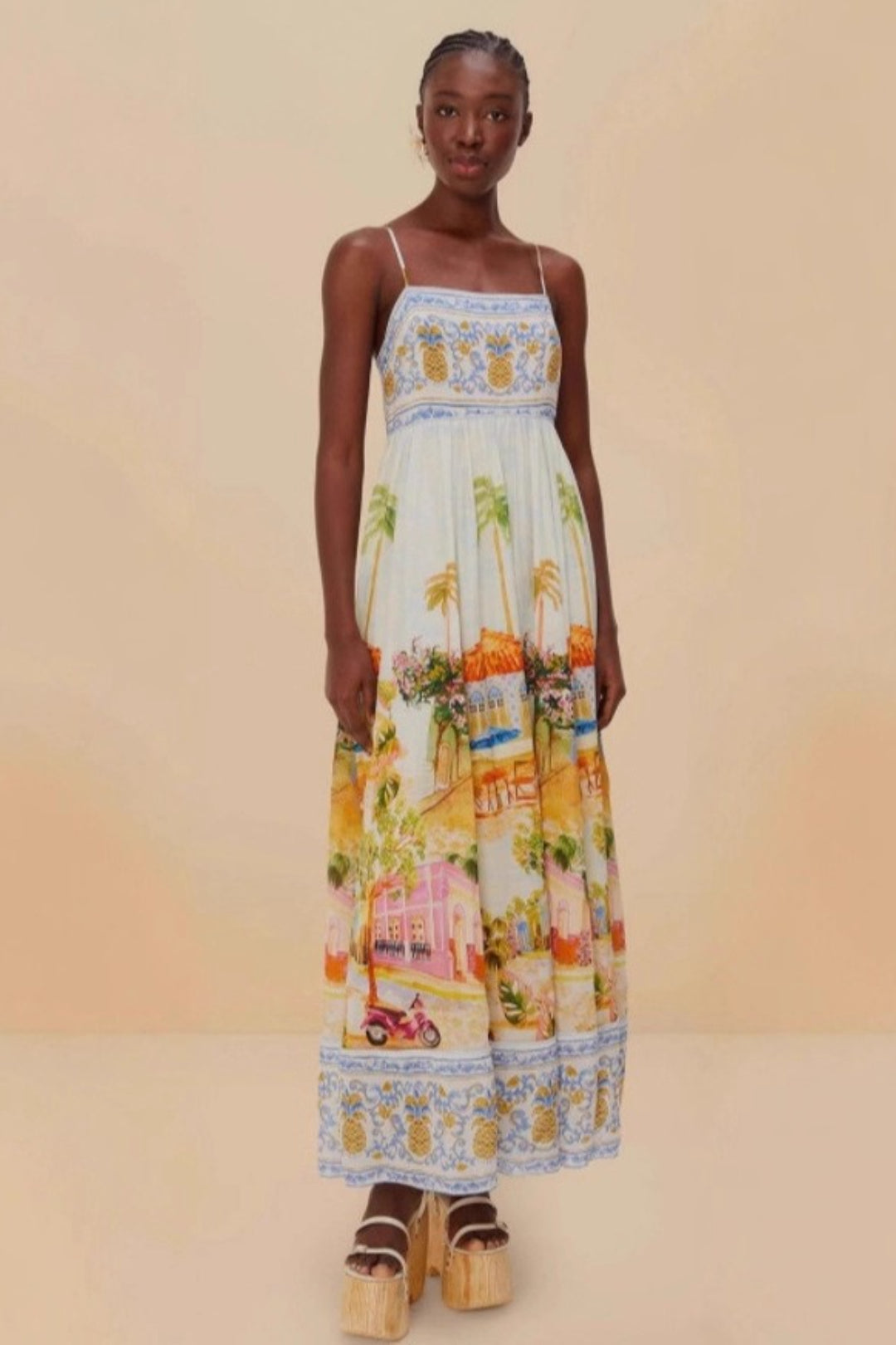 Linen Floral Print Midi Slip Dress