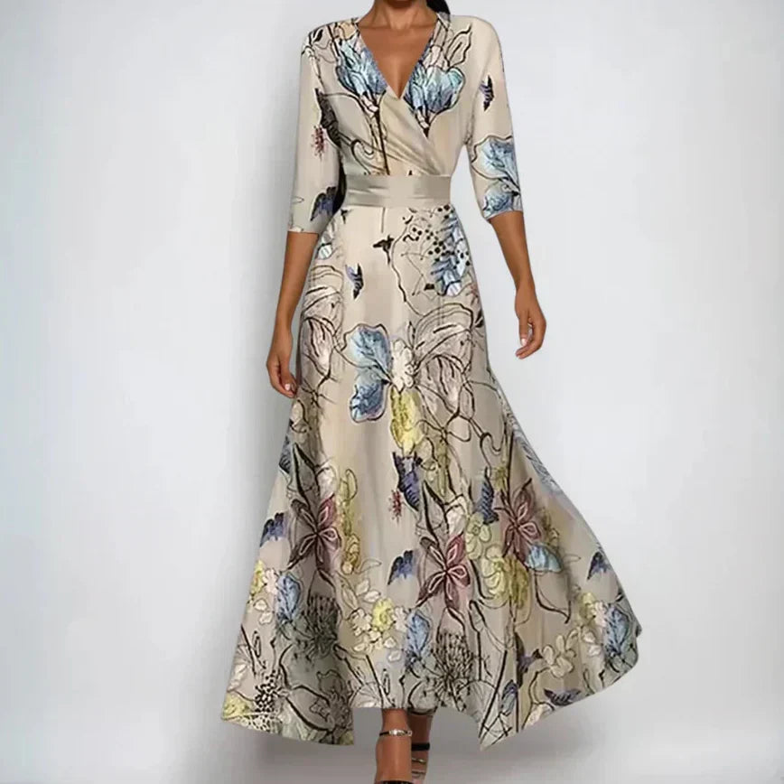 V-Neck Floral Print Three Quarter Sleeve Belted A-Line Maxi Dress