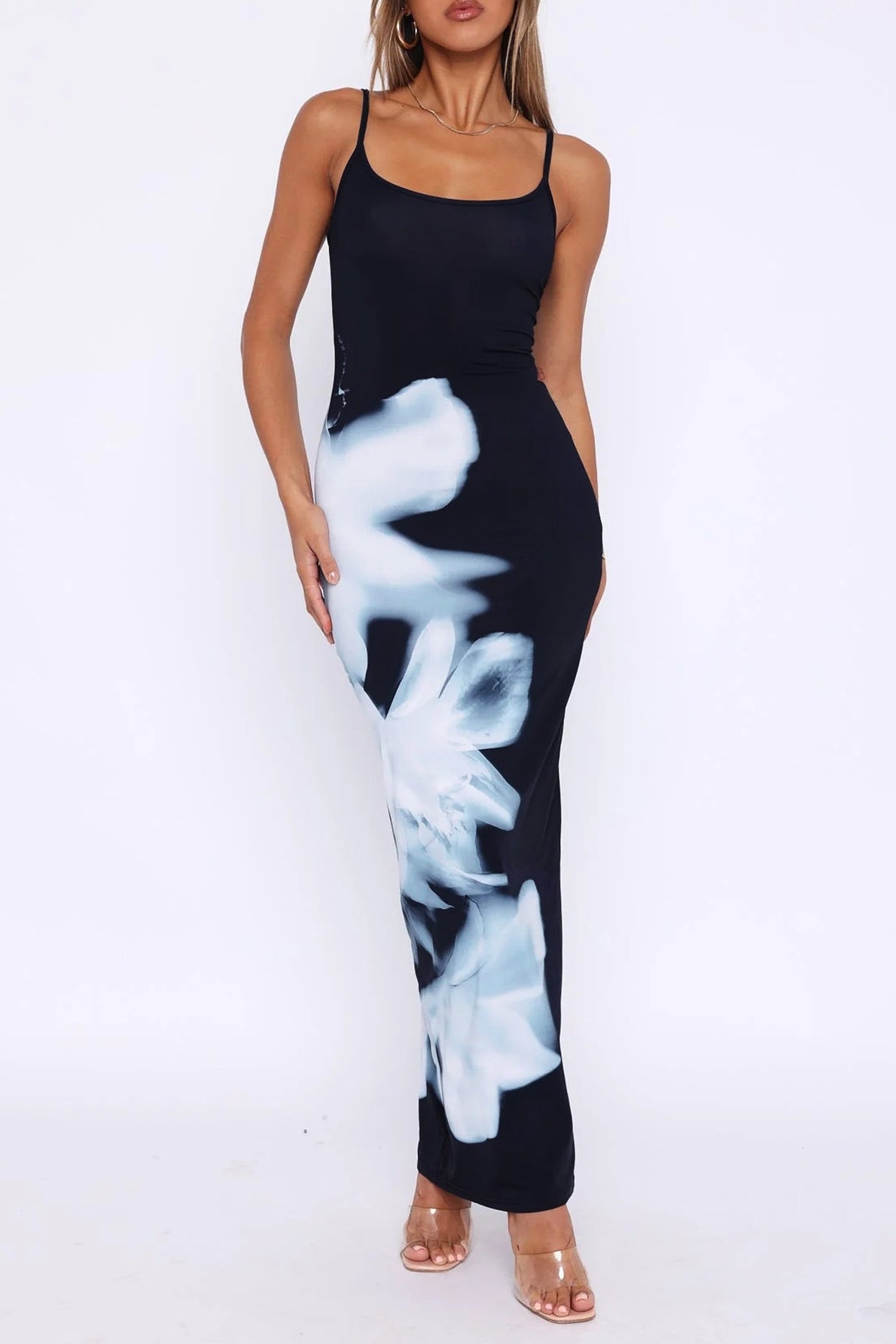 Spaghetti Strap Square Neck Bodycon Abstract Floral Placement Print Maxi Dress 4