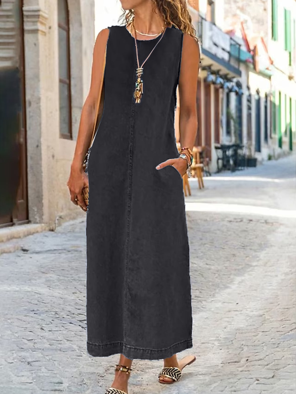 Summer Plain Crew Neck Pocket Long Denim Dress - Omychic