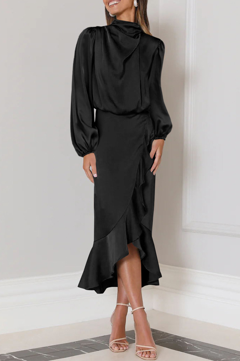 Angelina Elevated Long Sleeved Midi Dress with Ruffles and a High Neck Evening Wear Edit
