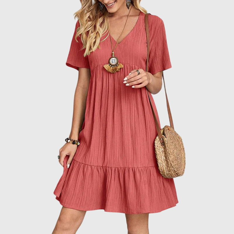 V-Neck Short Sleeve Textured Ruffle Hem Babydoll Mini Dress