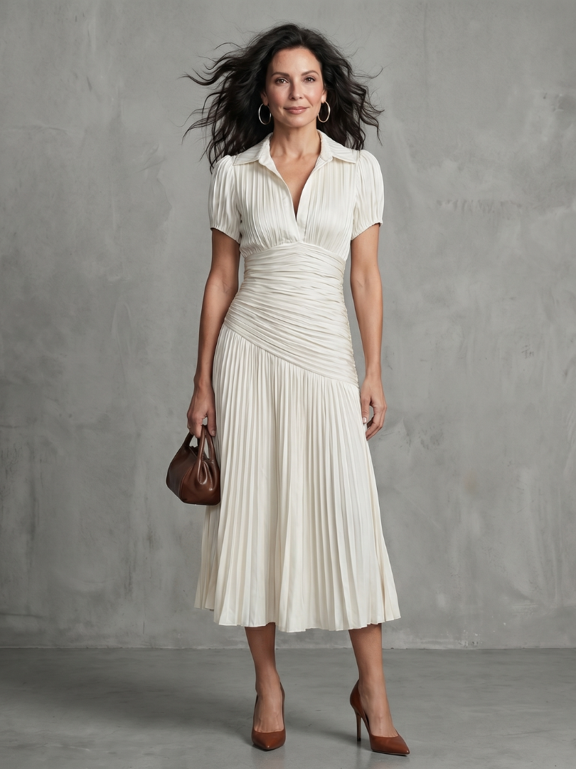 Collared Pinstripe Short Sleeve Ruched Waist Pleated Midi Dress