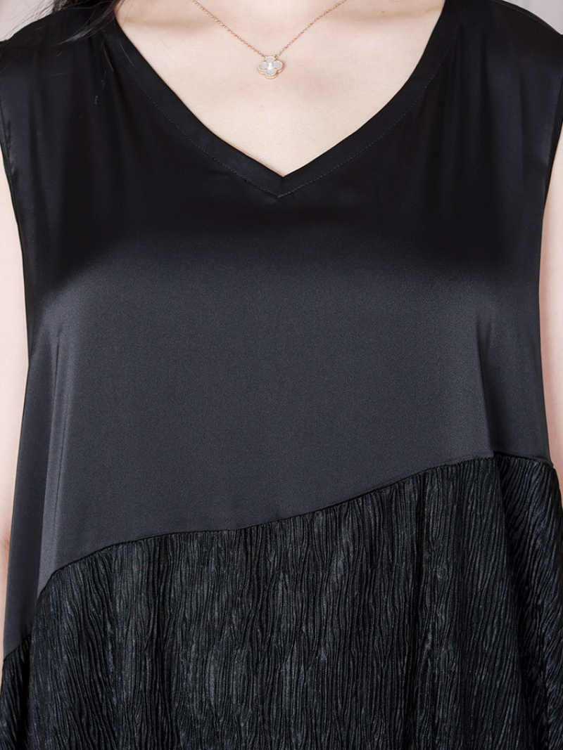 Black V-Neck Sleeveless Satin Yoke Textured Handkerchief Hem Midi Dress 4