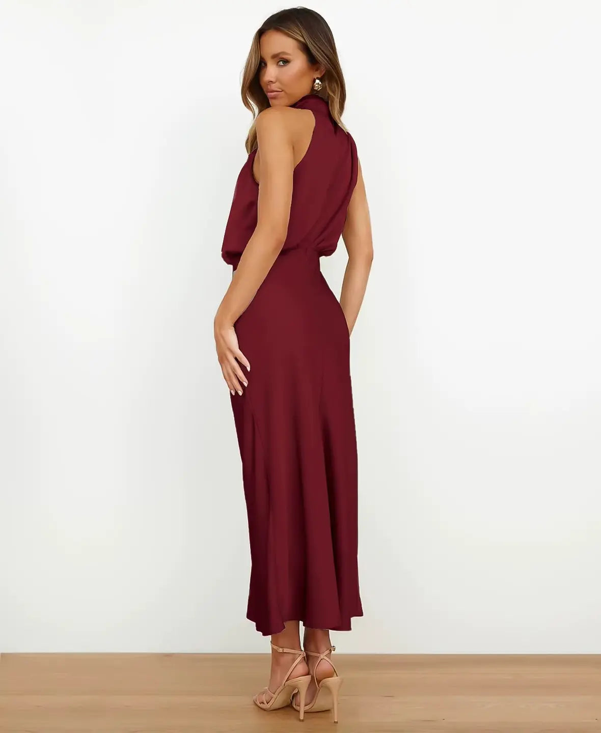 Halter Neck Draped Satin Sleeveless A-Line Maxi Dress 8