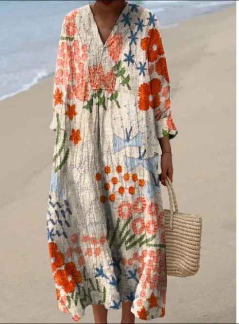 Split V-Neck Long Sleeve Floral Medallion Print Shift Maxi Dress 3