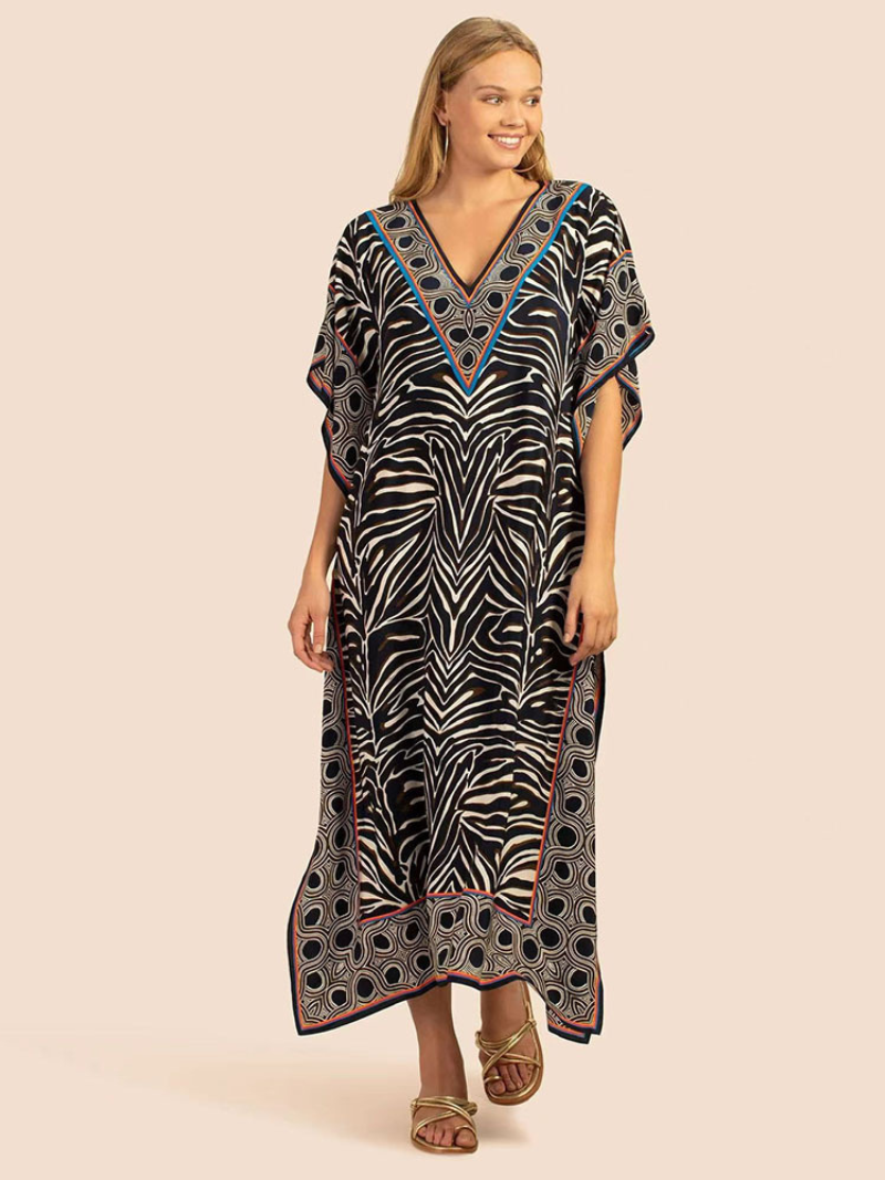 Black V-Neck Animal Print Border Trim Kaftan Maxi Dress