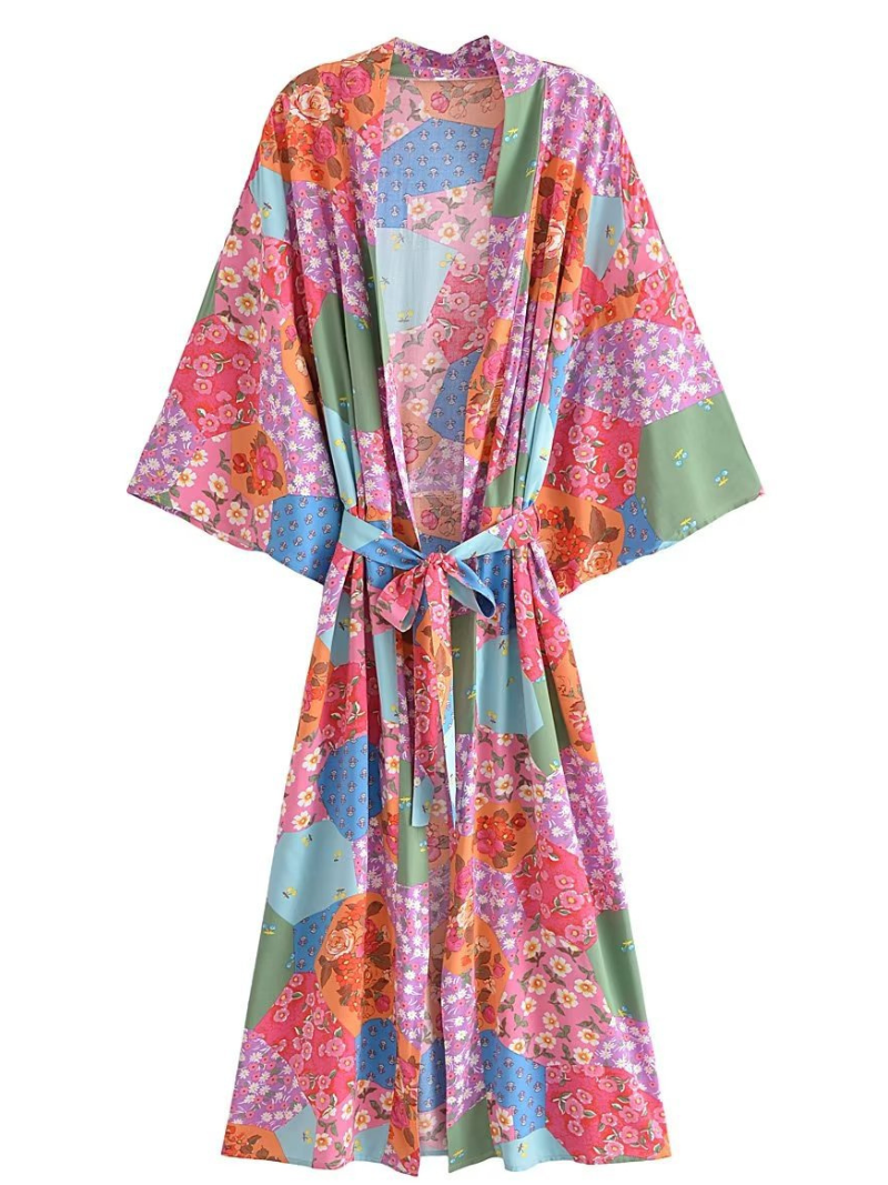 Floral Patchwork Print Belted Long Kimono Robe