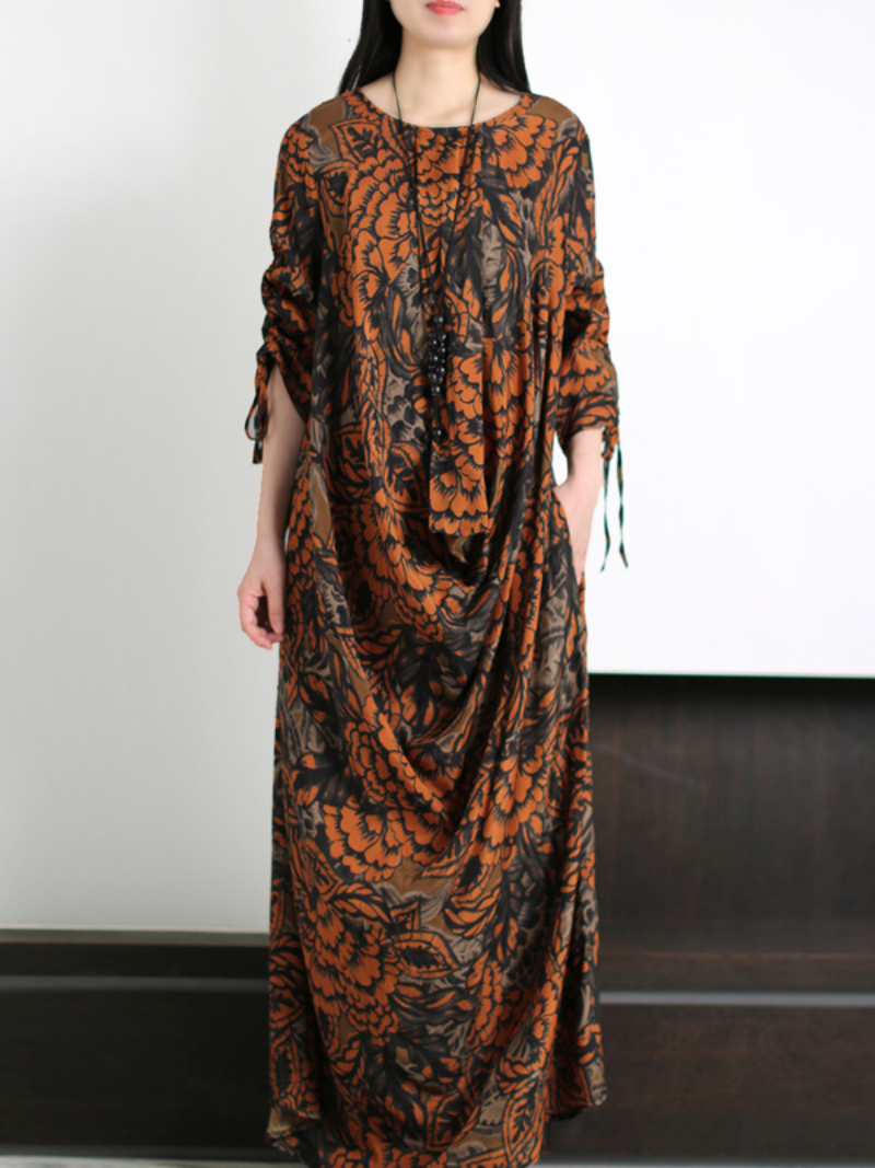 Black Yellow Round Neck Floral Print Drawstring Sleeve Loose Maxi Dress