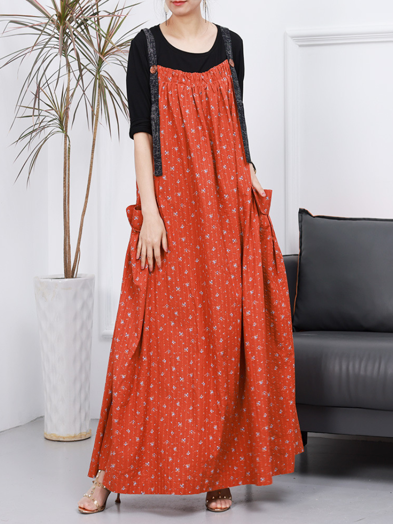 Orange Strap Floral Print Side Pocket Pinafore Maxi Dress
