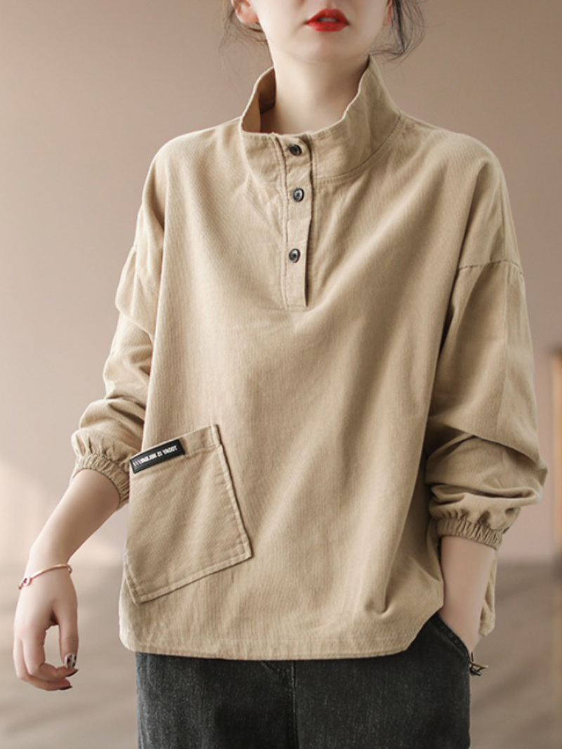 Stand Collar Button Placket Long Sleeve Patch Pocket Corduroy Top 4