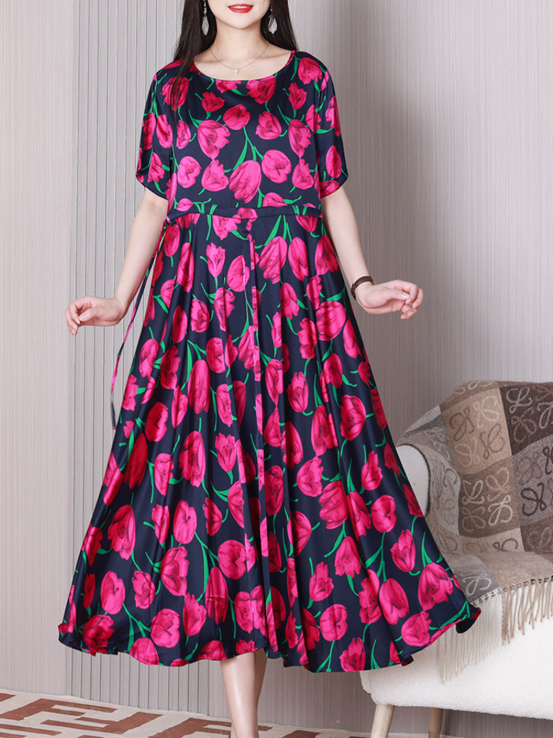 Round Neck Short Sleeve Tulip Floral Empire A-Line Midi Dress