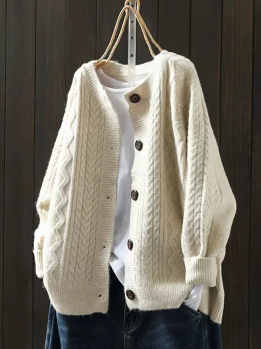 Round Neck Button Front Cable Knit Long Sleeve Cardigan