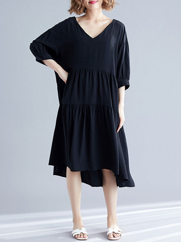 V-Neck Three-Quarter Sleeve Tiered Loose A-Line Midi Dress 4