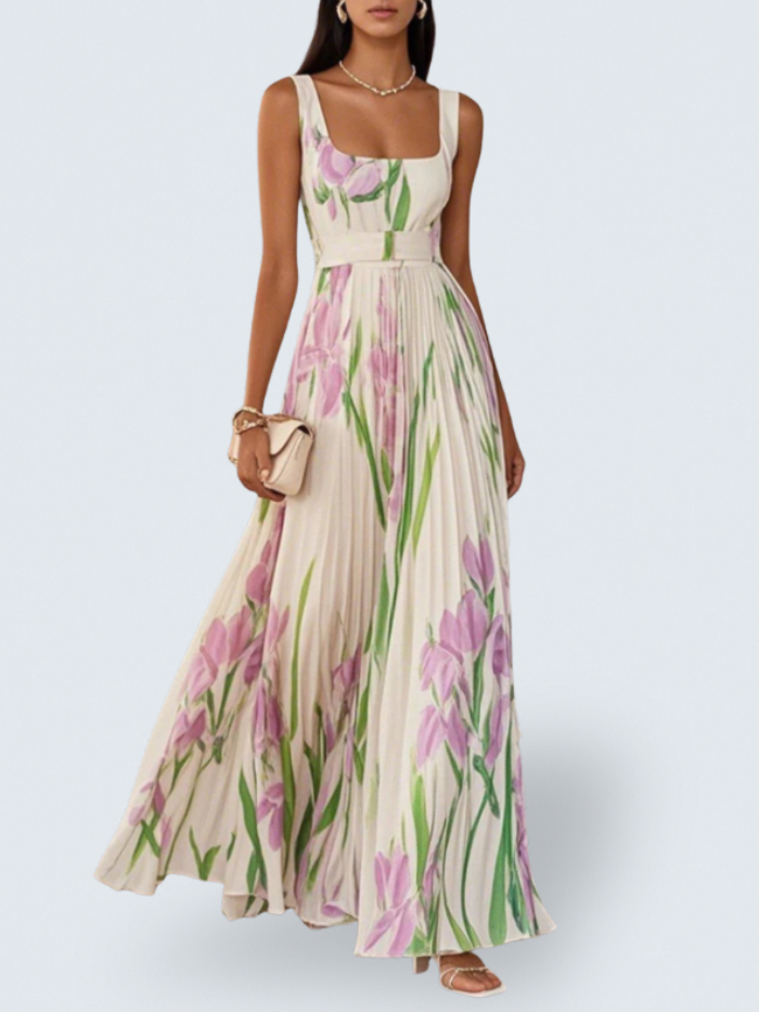 Square Neck Floral Print Sleeveless Pleated A-Line Maxi Dress