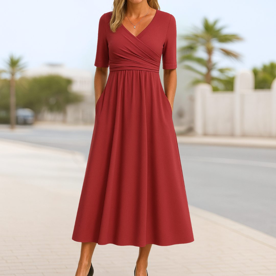 Surplice V-Neck Wrap Bodice Short Sleeve Pleated Waist A-Line Midi Dress 2