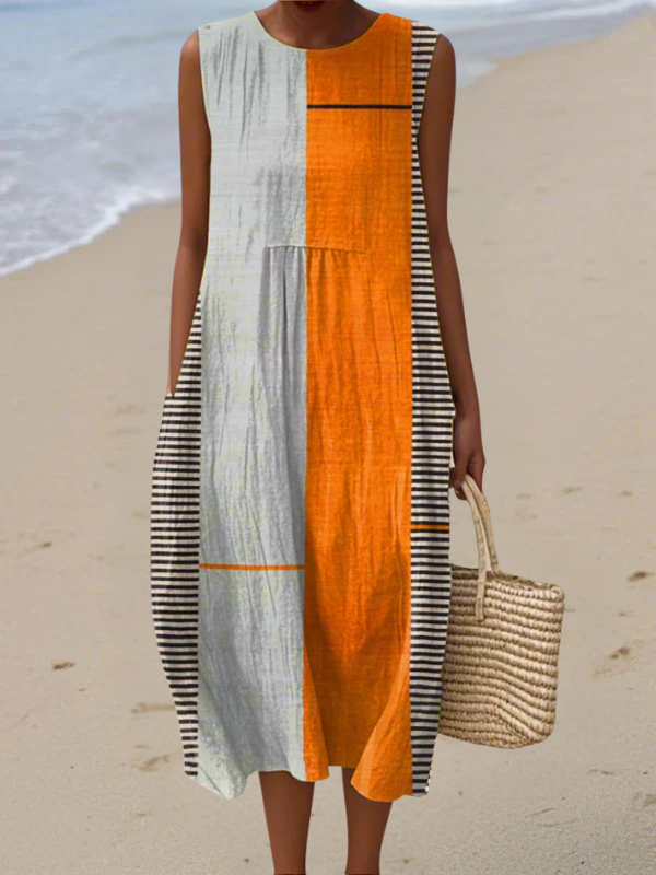 Multicolor Round Neck Colorblock Striped Sleeveless Shift Midi Dress