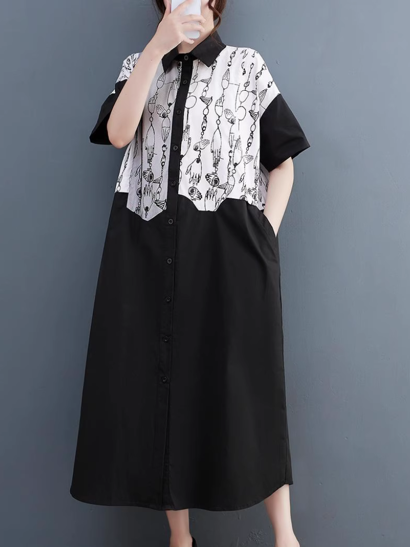 Collared Button Front Abstract Print Short Sleeve Shirt Midi Dress