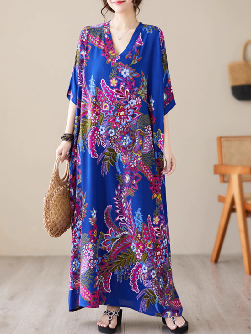 V-Neck Floral Paisley Print Batwing Sleeve Kaftan Maxi Dress