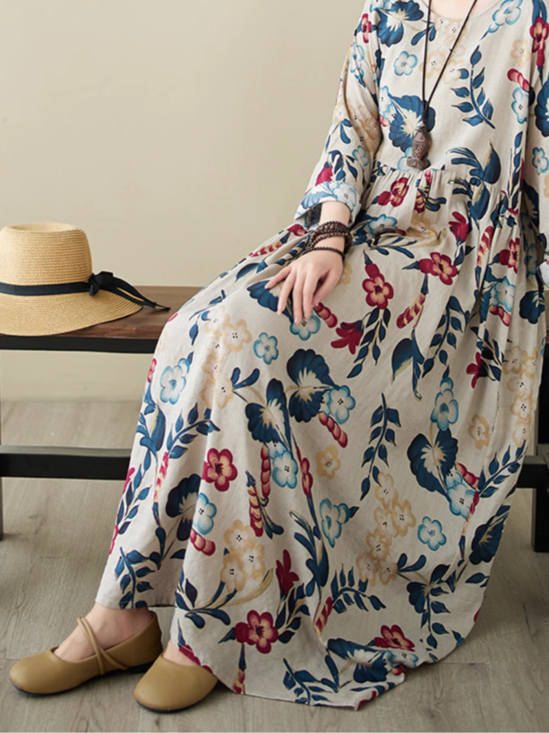 Round Neck Bold Floral Print Smock A-Line Maxi Dress