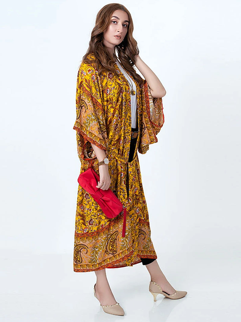 Yellow Floral Paisley Print Belted Long Kimono Robe 4