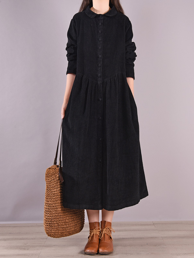 Peter Pan Collar Long Sleeve Button Front Corduroy Midi Dress