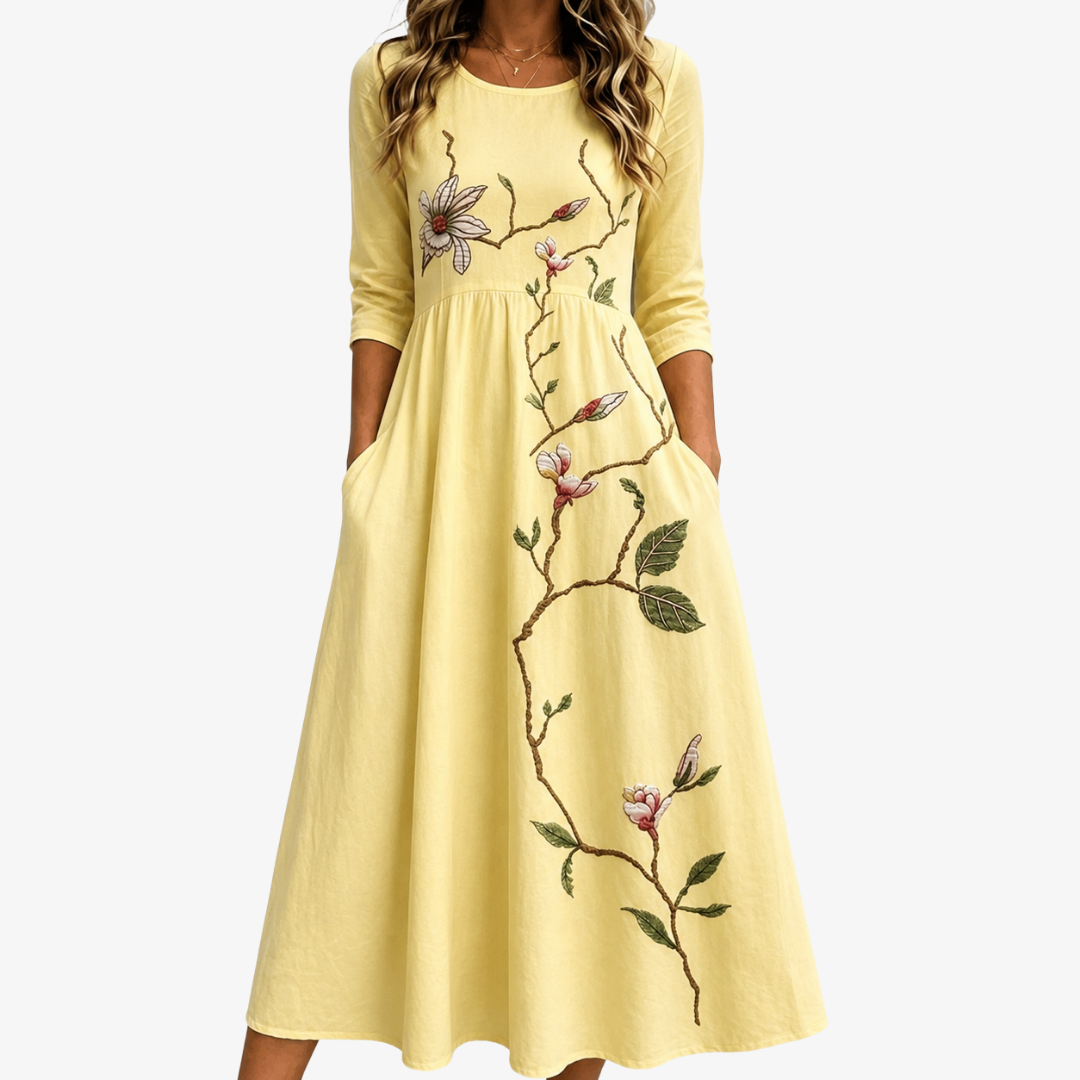 Round Neck Floral Branch Embroidered Three-Quarter Sleeve A-Line Midi Dress