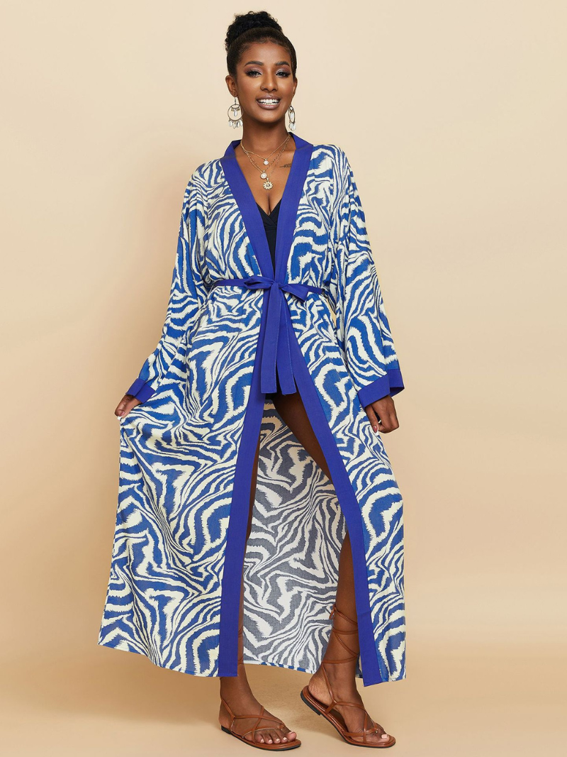 Zebra Print Contrast Trim Tie Waist Long Kimono