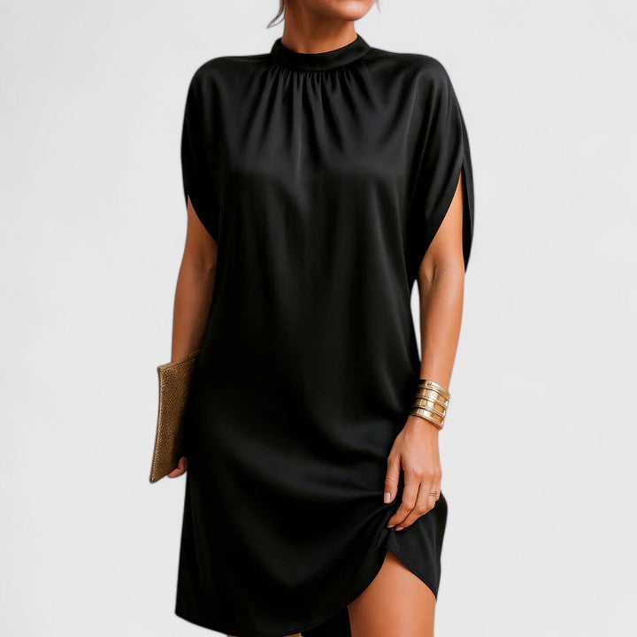 Black Mock Neck Cap Sleeve Satin Relaxed Shift Mini Dress