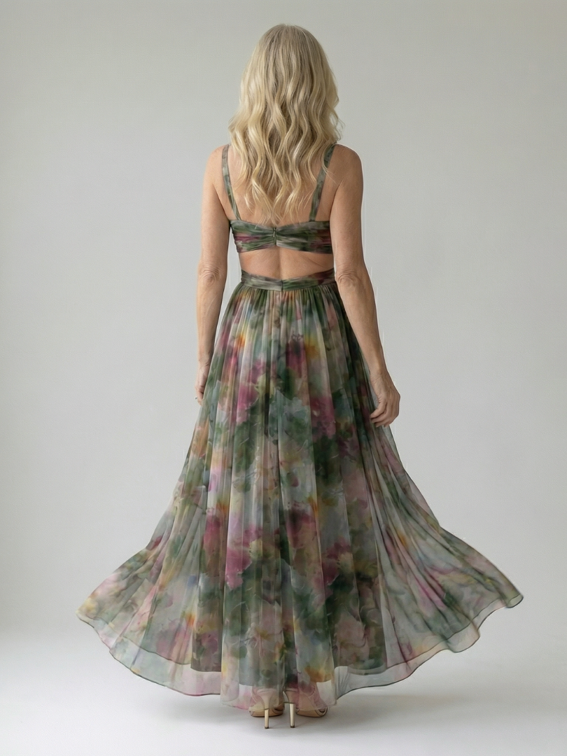 Spaghetti Strap V-Neck Floral Print Pleated Tulle Maxi Gown 13