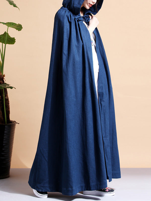 Hooded Open Front Linen Long Cape Coat