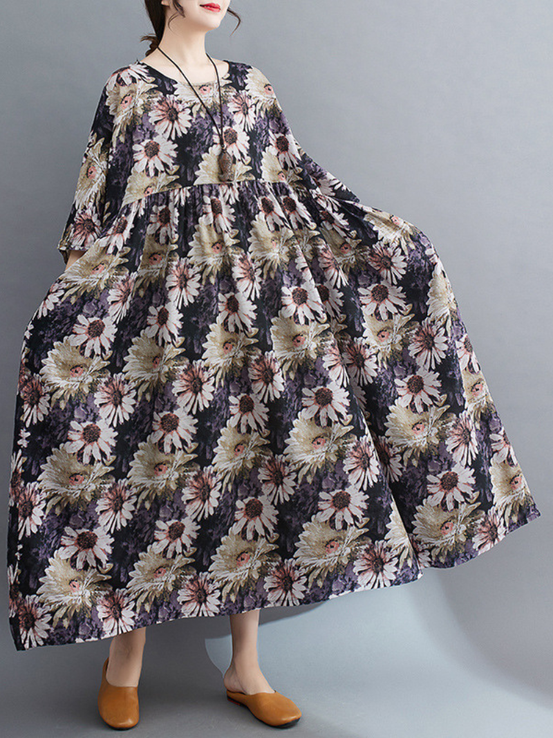 Round Neck Half Sleeve Daisy Floral Print Smock Maxi Dress 2
