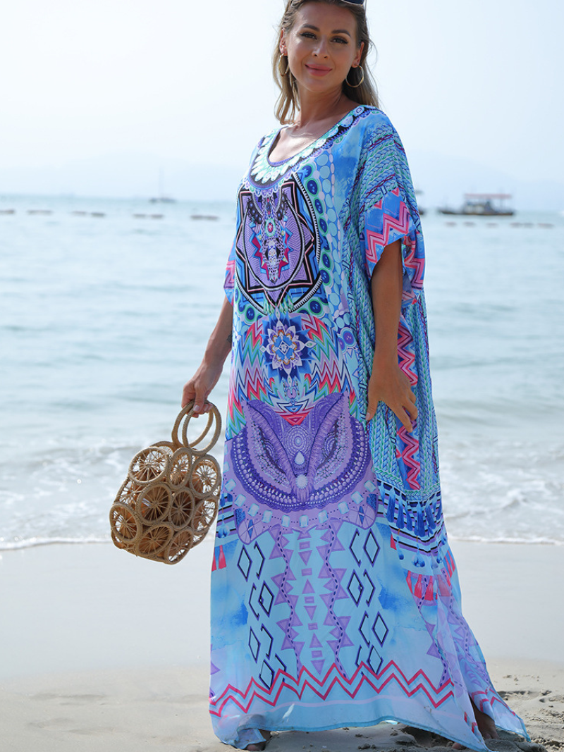 Blue Round Neck Bohemian Print Batwing Sleeve Loose Kaftan Maxi Dress 2