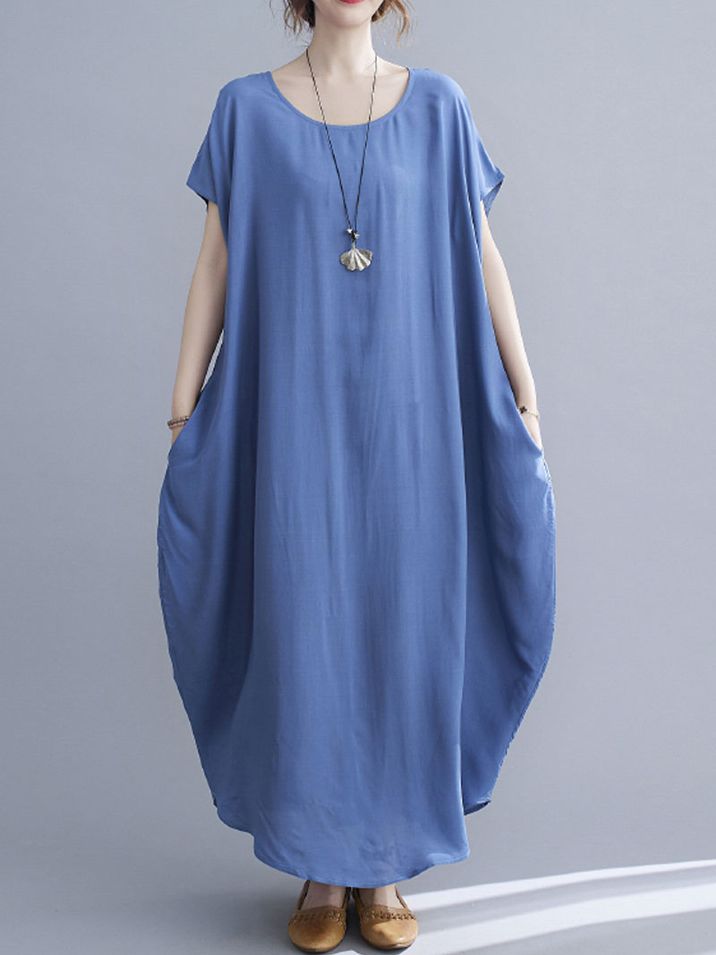 Round Neck Short Sleeve Loose Cocoon Maxi Dress 6