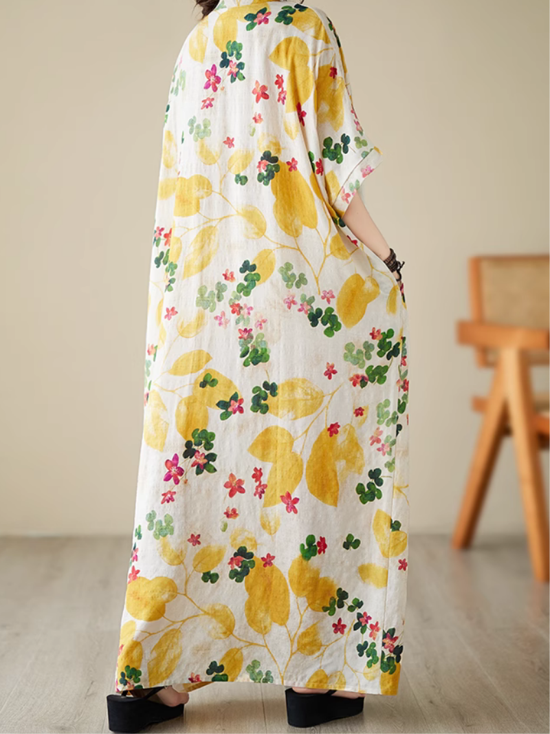 V-Neck Watercolor Floral Short Sleeve Loose Kaftan Maxi Dress 4