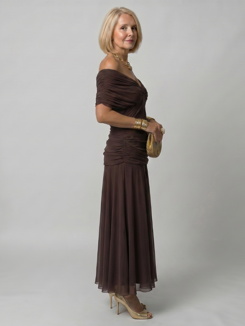 Off-Shoulder Floral Chiffon Draped Ruched A-Line Midi Dress 12