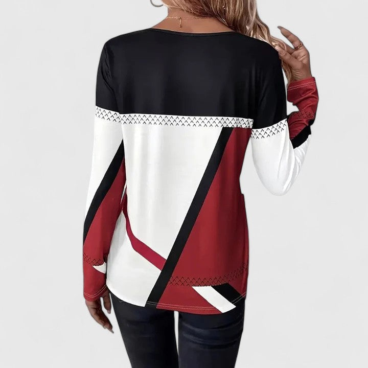 Multi Colored Round Neck Colorblock Geometric Print Long Sleeve Top