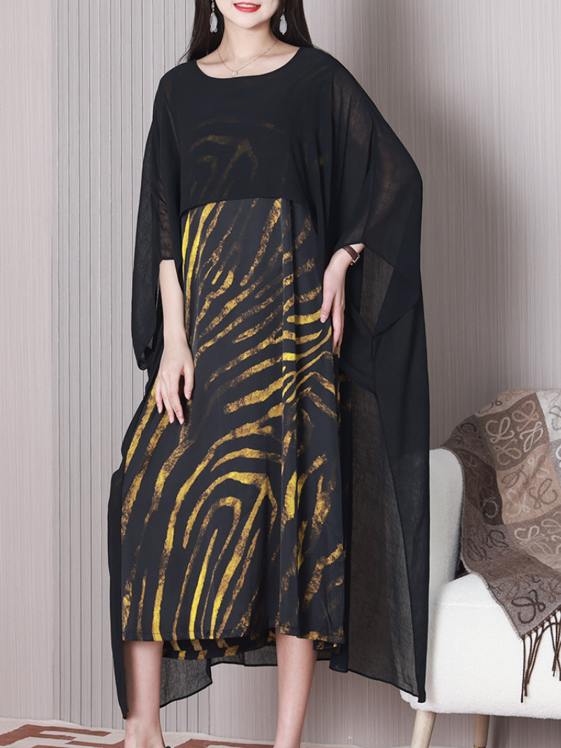 Round Neck Abstract Stripe Print Batwing Sleeve Loose Midi Dress