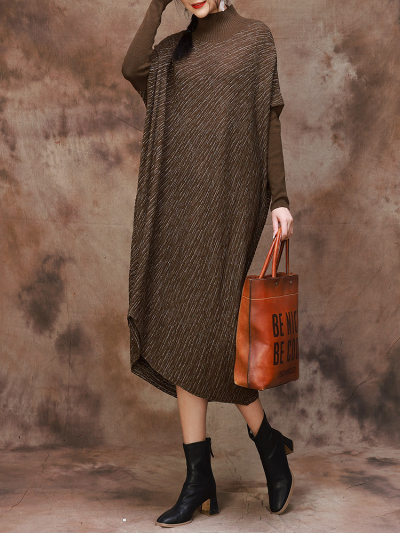Mock Neck Batwing Sleeve Knit Asymmetric Hem Loose Sweater Dress 5