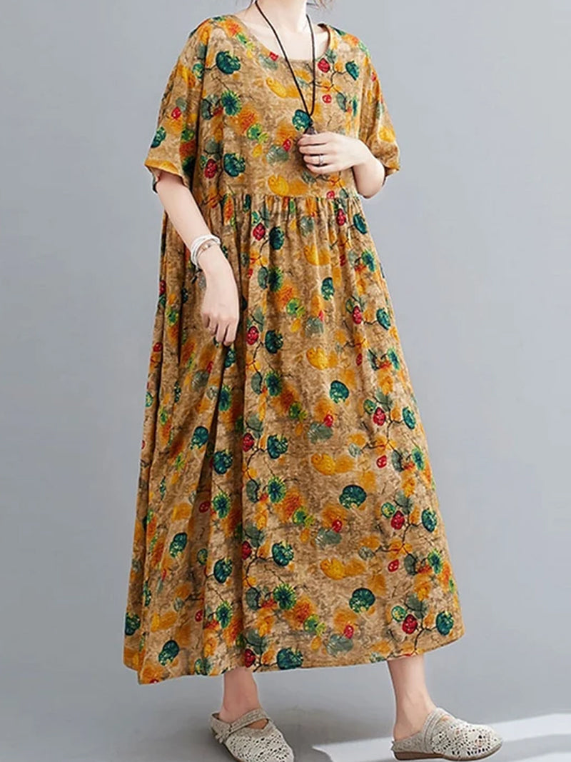 Bronze Round Neck Floral Print Short Sleeve Pleated Loose Maxi Dress